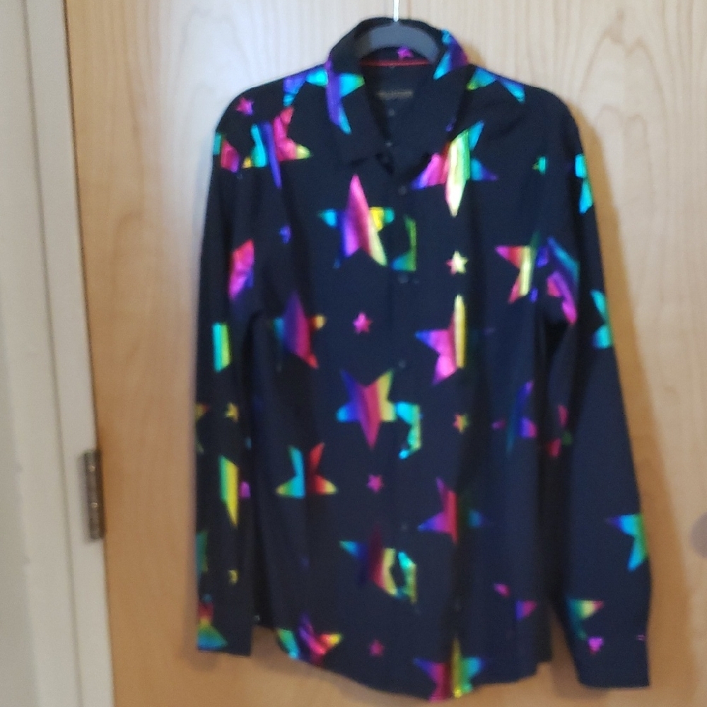 Men's Multicolor Star Pattern Dress Shirt Holographic Smooth Satin Like